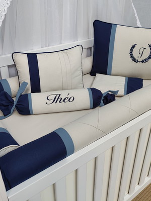 Kit berço rolinho cinza e azul jeans