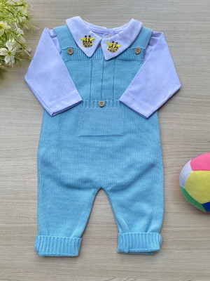 Saida de maternidade menino azul bebê tricot 2 peças safari