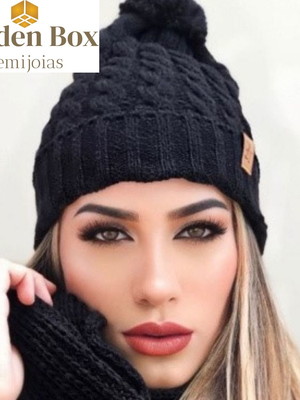 Touca pompom de tricô feminino (preto)