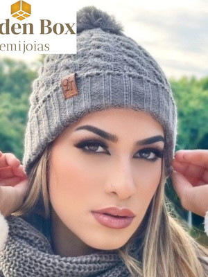 Gorro/touca pompom de tricô feminino (cinza)