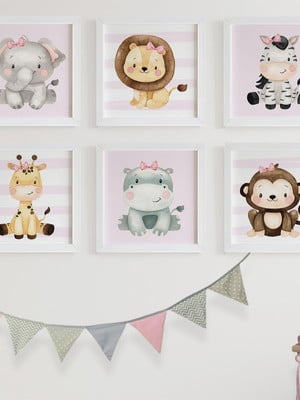 Quadros para quarto de bebê safari aquarela menina