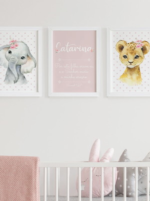 Quadros para quarto de bebê safari baby aquarela menina