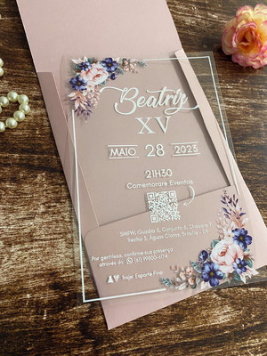 Convite 15 anos transparente floral rosé e azul