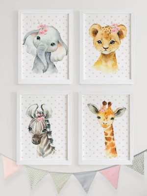 Quadros para quarto de bebê safari baby aquarela menina