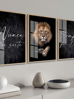 Kit 3 quadros decorativos modernos frases leão moldura vidro