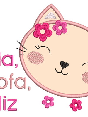 Matriz de bordado gatinha linda fofa feliz com aplique