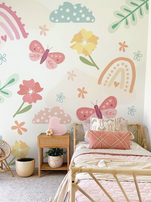 Papel de parede infantil de flores e arco-íris boho