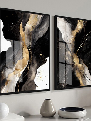 Quadros decorativos abstrato preto e dourado moldura vidro