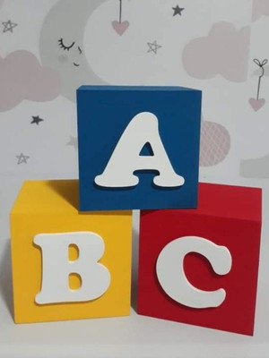 Kit 3 cubos 8x8 a b c decoração mdf