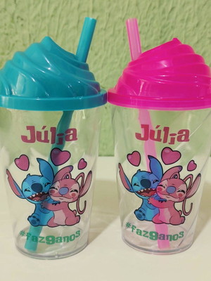 Copo twister 300ml stitch e angel com tampa chantilly