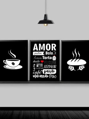 Kit 3 quadros cozinha amor nomes de comida (a3- com vidro)