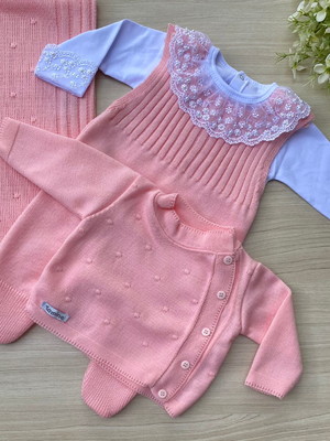 Saída de maternidade rosa com renda tricot 4 peças completa