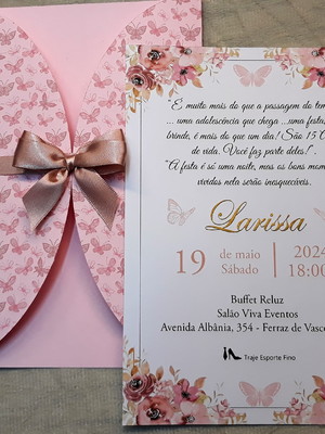 Convite 15 anos 14x20cm borboletas rosé gold