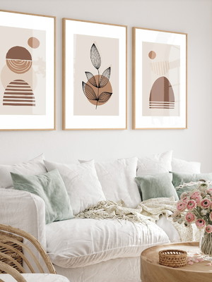 Quadros decorativos geométrico abstrato bege vidro e moldura