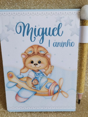 Lembrancinha mini lápis + bloquinho-urso aviador-20 unidades