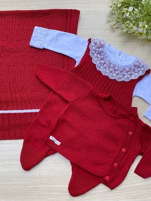 Saída de maternidade menina vermelha tricot 4 peças completa