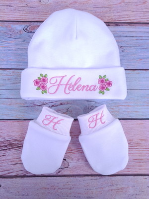 Kit touca de bebê rn e par de luvas personalizados
