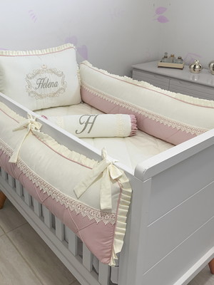 Kit berço personalizado 08 peças |cab. alta| palha com rose