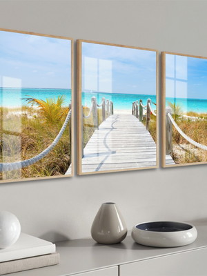 Trio de quadro decorativo mar praia com vidro e moldura