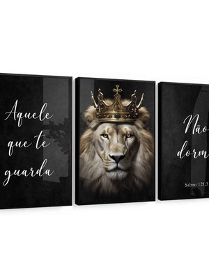Quadro decorativo leão de judá rei frases com vidro trio