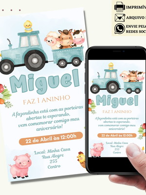 Convite fazendinha trator digital virtual azul