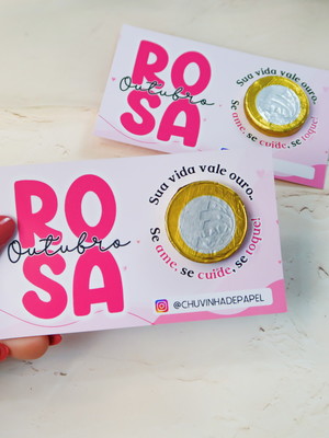 Card com moedinha de chocolate ao leite- outubro rosa