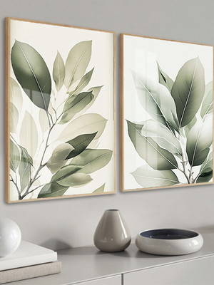 Kit 2 quadros decorativos folhagem verde vidro e moldura
