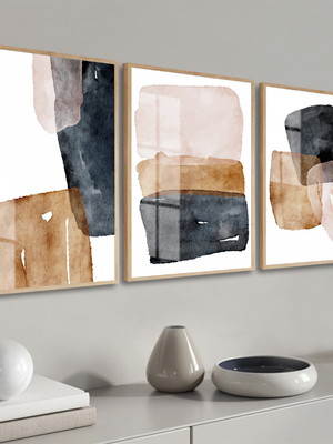 Quadro decorativo trio com vidro e moldura neutro abstrato