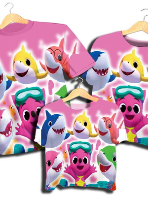 Kit com 3 camiseta tema baby shark rosa