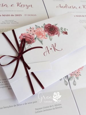 Convite de casamento com fita de cetim - marsala e rosê