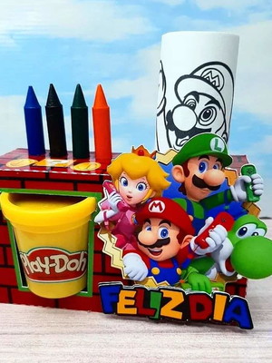 Kit colorir com giz de cera e massinha super mario bross