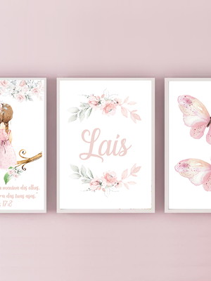 Kit 3 quadros decorativos menina no galho aquarela