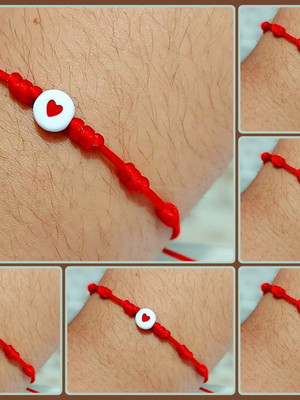 Kit com 6 pulseiras 7 nós vermelha com coração - adulto