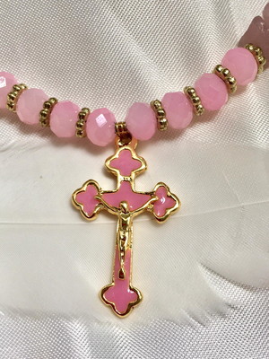 Colar quartzo rosa, cristal e crucifixo