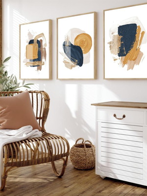 Trio de quadro decorativo abstrato com vidro e moldura