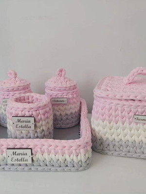 Kit higiene bebê crochê cinza branco e rosa bebe 5 peças