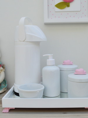Kit higiene rosa laço porcelana bandeja termica meninas k030