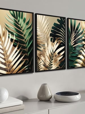 Quadros decorativos folhagem verde e dourada moldura e vidro