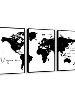Kit com 3 quadros decorativos com moldura mapa mundial p&b
