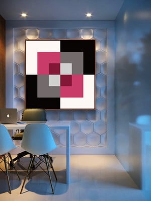 Quadro geométrico cor rosa cinza arte canvas moldura 60x60