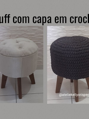 Puff redondo com capa em crochê