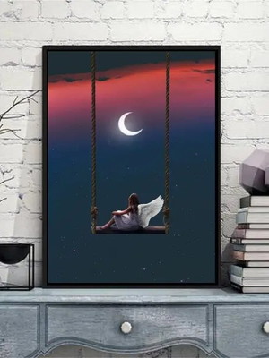 Quadro surrealista menina anjo com lua (a3- com vidro)