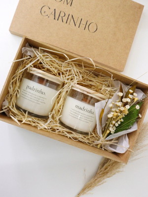 Caixa presente velas madrinha e padrinho casamento