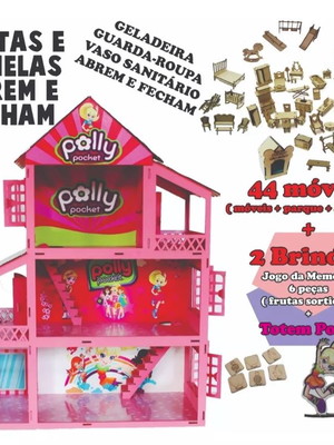 Casinha 60 cm mdf com móveis e brinde polly pocket