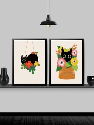 Kit 2 quadros gato com flores (a3 -com vidro)