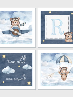 Quadro decorativo ursinho aviador aquarela