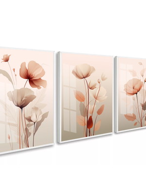 Trio de quadro decorativo flores moderno com vidro