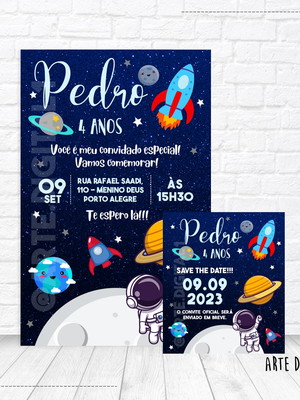 Convite virtual + save the date, astronauta
