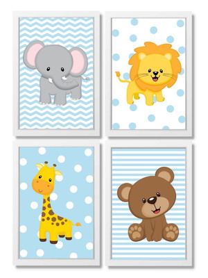 Kit 4 quadro decorativo infantil safari baby animais azul