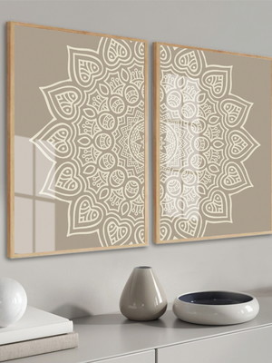 Kit quadros decorativos modernos mandala bege moldura vidro